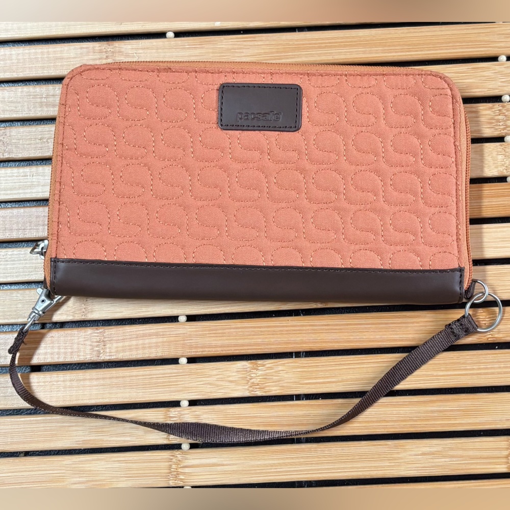 PacSafe Light Burnt Orange and Brown Travel Wallet RFID with Detachable Strap